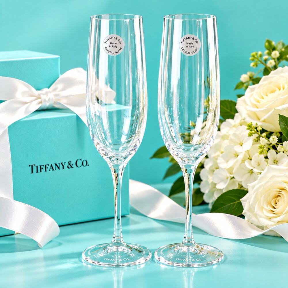 New Tiffany & Co Elegant Clear Crystal Champagne Flutes Made In Italy Set Of 2